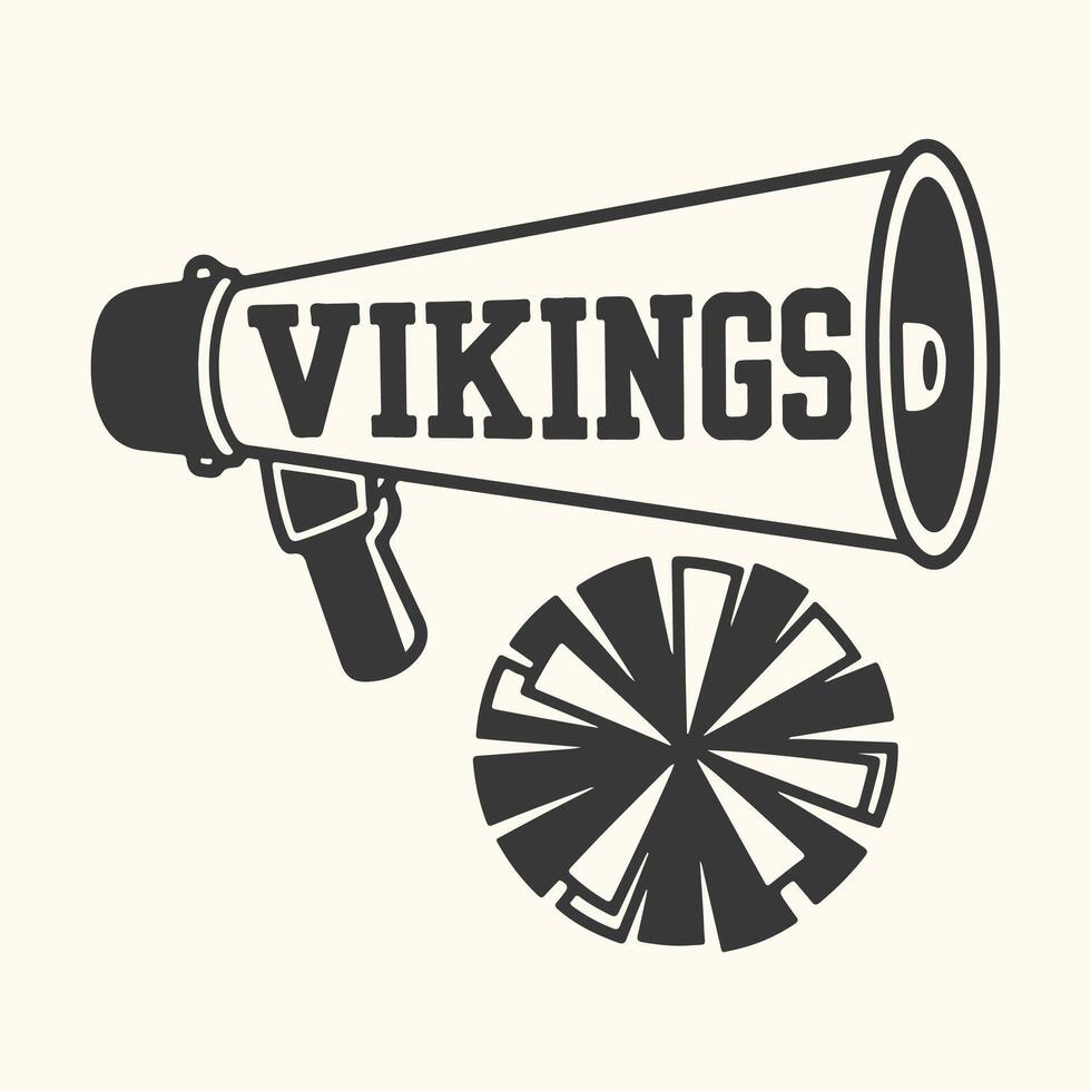 Art of vintage style graphic of a megaphone with the word vikings emblazoned on it, accompanied by a pompom vector