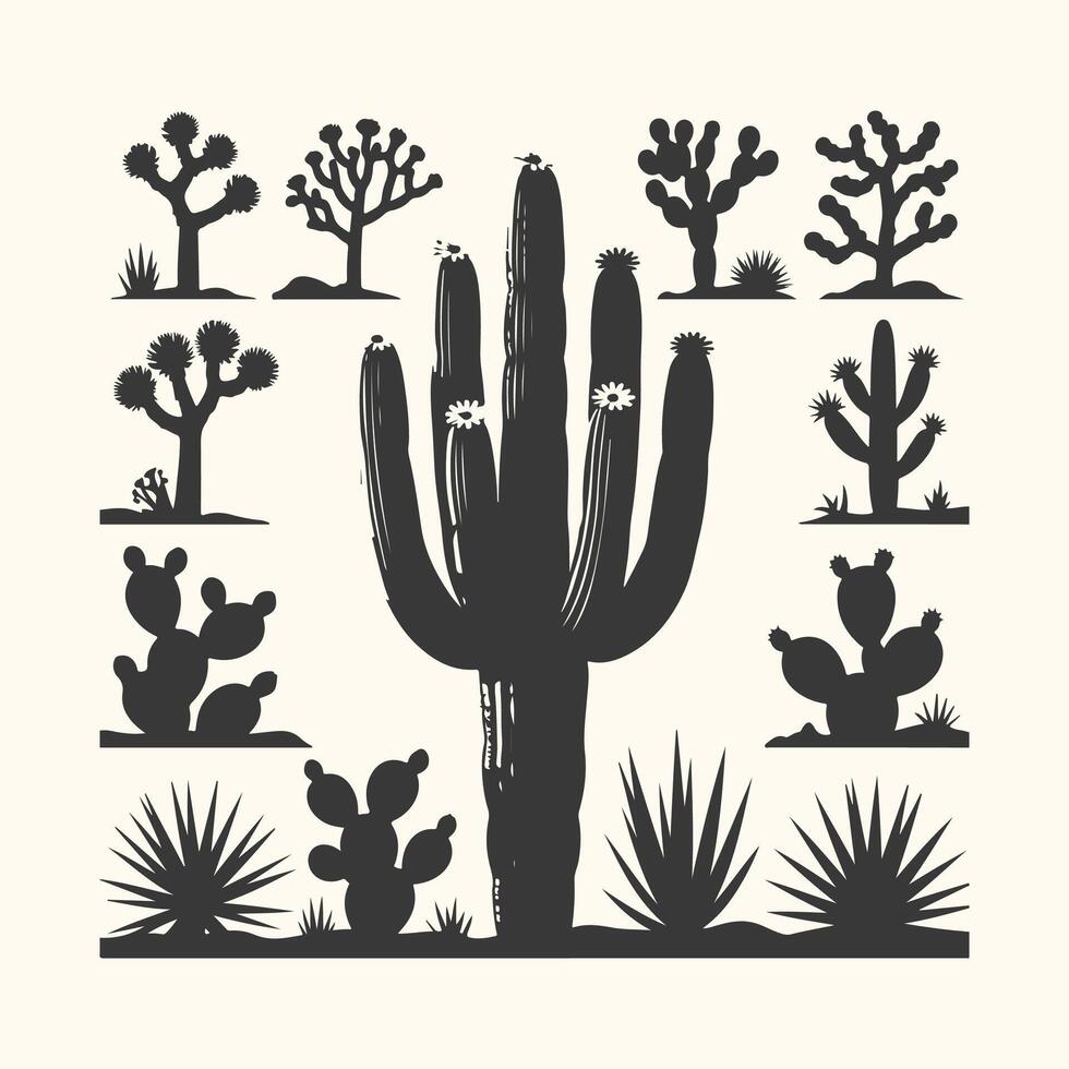 Art of a collection of desert flora silhouettes, including a large saguaro cactus and various smaller plants like joshua trees and prickly pear, isolated on a vector