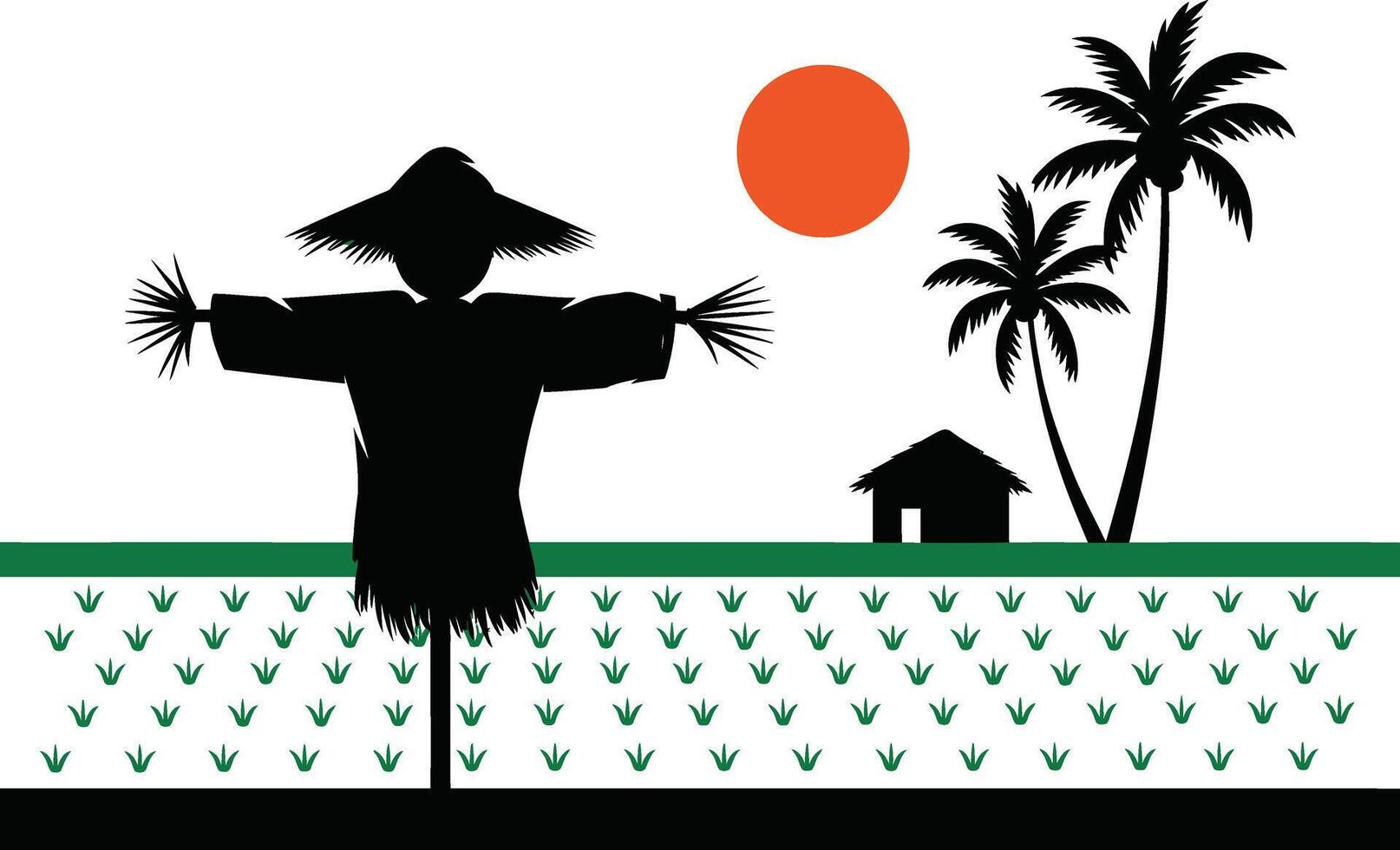 Scarecrow standing tall in a field under a setting sun silhouette vector
