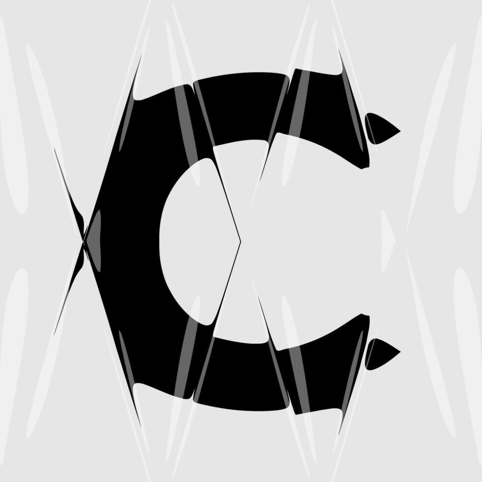 Abstract distorted letter C featuring a liquid glass effect and prism reflection. Minimal black and white typography warped by optical refraction and smooth distortion. Great for creative design vector