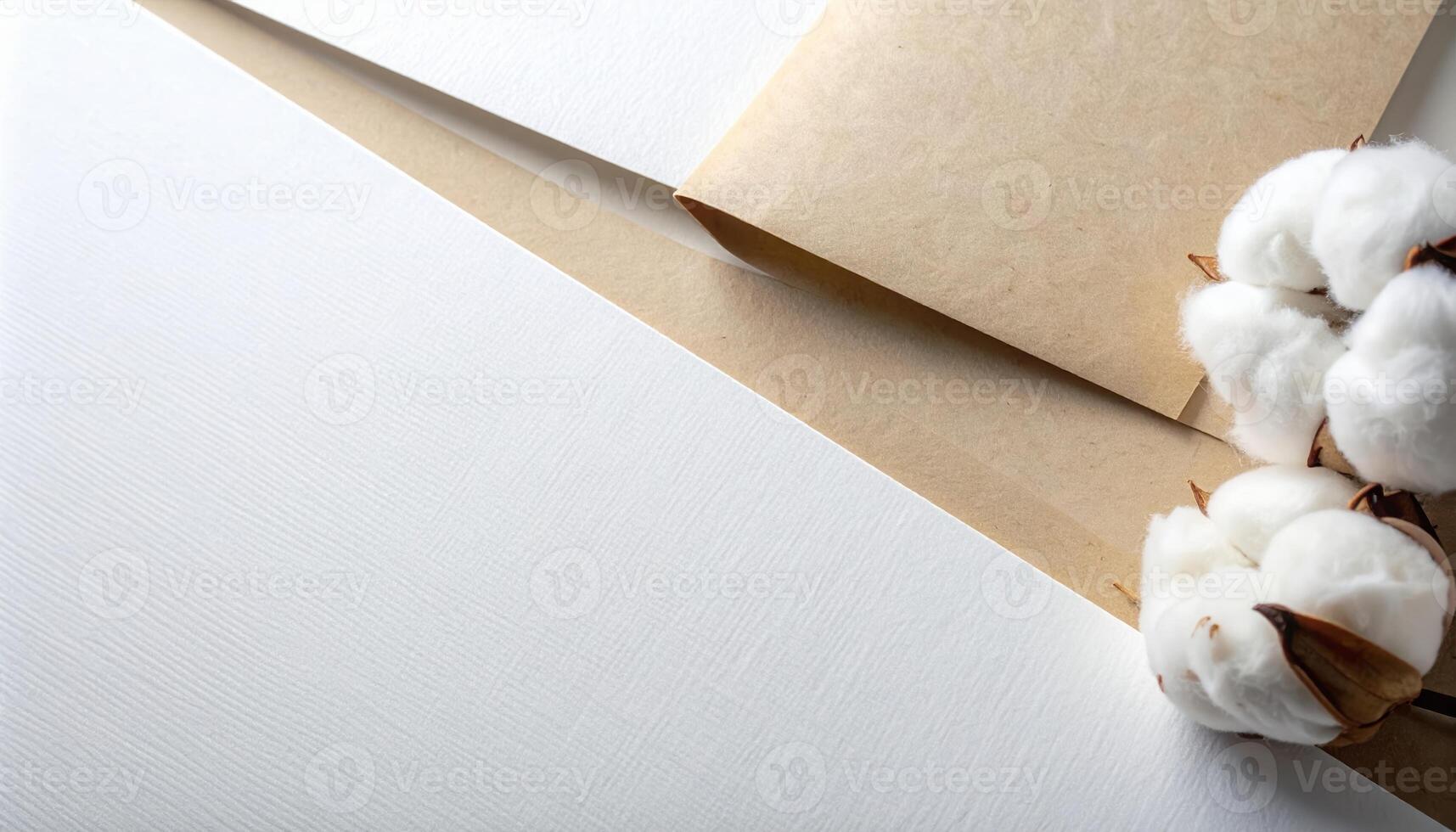 An open brown envelope rests on textured white paper next to soft, fluffy cotton flowers creating a minimalistic and elegant stationery scene. photo