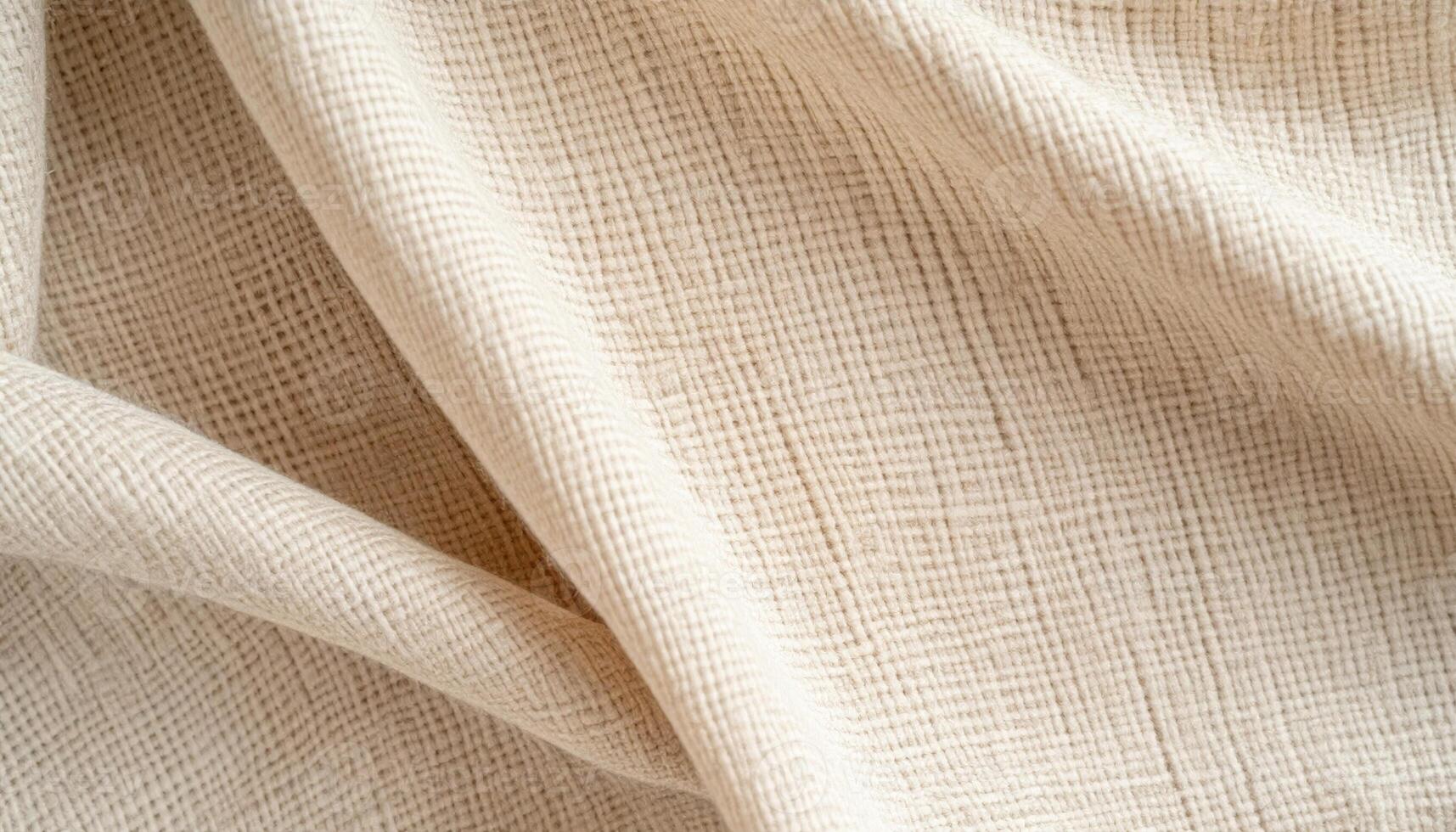 Close-up of soft cream-colored cotton fabric showing intricate weave patterns with gentle folds creating a textured, elegant background effect. photo