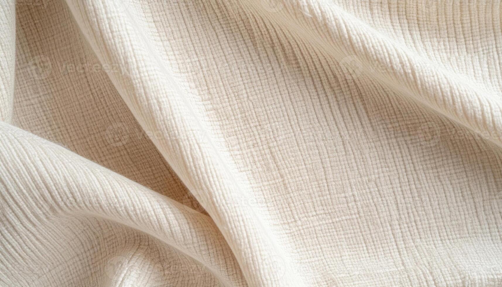 The soft textured cream colored fabric drapes elegantly, showcasing its subtle grid pattern and gentle folds creating a calming neutral background. photo