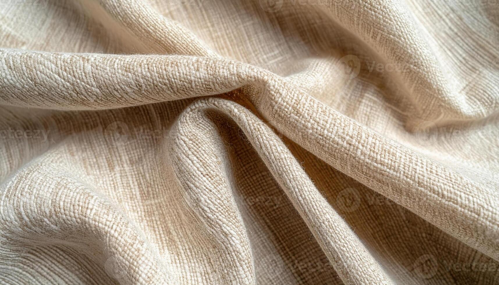 Close-up of a soft, beige-colored fabric with a subtle woven texture creating elegant folds and gentle shadows in a naturally lit scene. photo