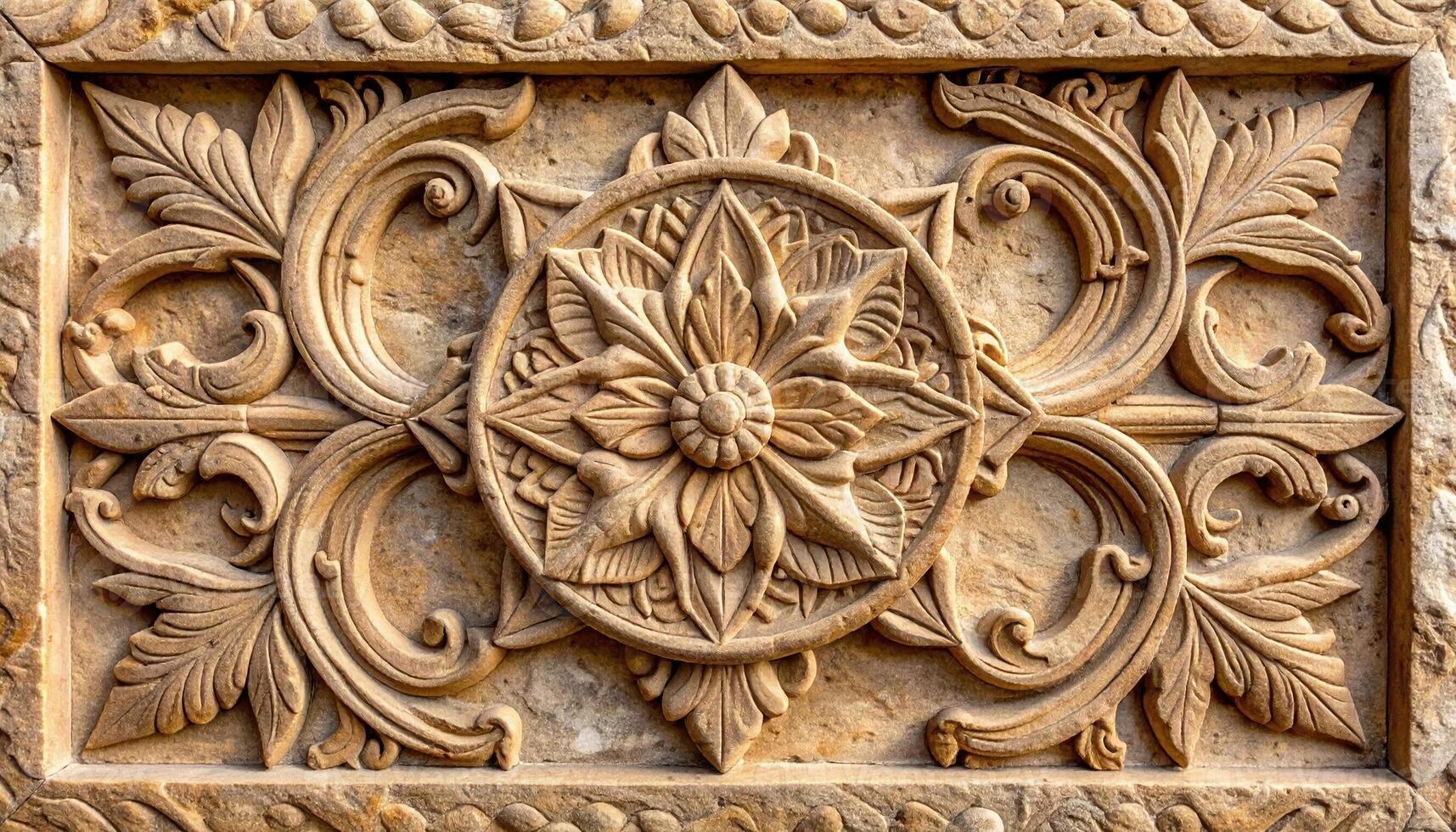 An intricate sandstone carving displays symmetrical floral and leaf patterns in a medallion design on a textured stone background surface area. photo