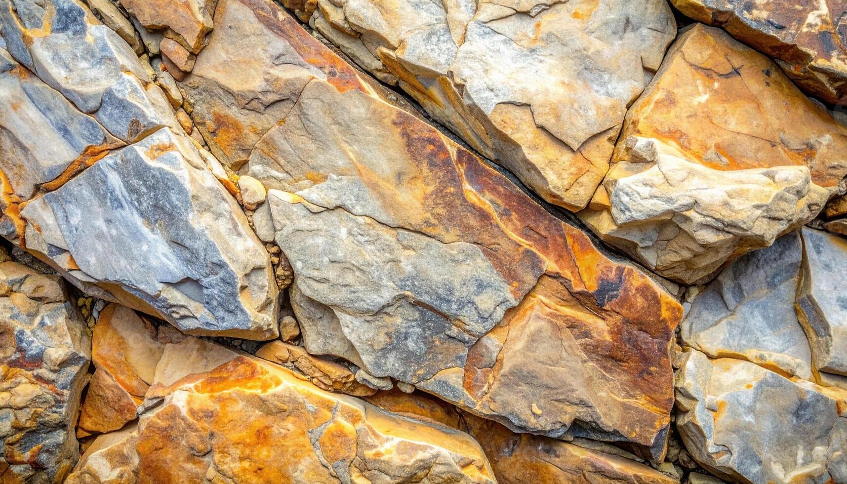 Close-up shows a rough natural stone wall with varied textures and colors, creating an interesting geological background element for designs. photo