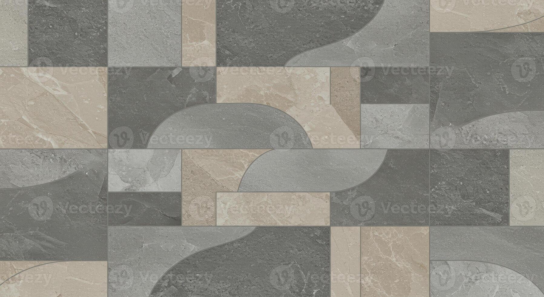 Grey and beige tiles with geometric and curved patterns create an abstract design for interior walls or floors creating a seamless texture. photo