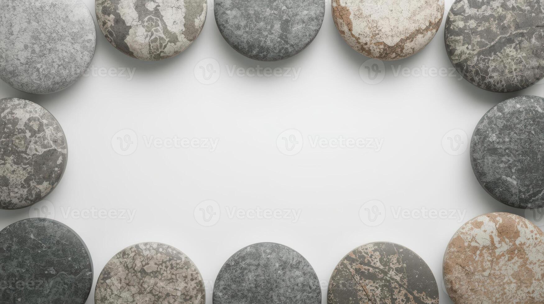 A symmetrical frame made of smooth, textured river rocks with varying colors and patterns is isolated on a clean, white background surface. photo