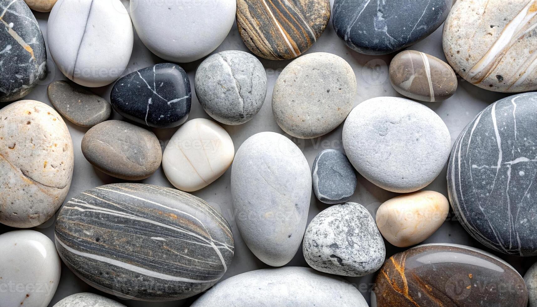 Close-up of many smooth, rounded pebbles and stones of various colors, sizes, and textures arranged on a flat surface to form a pleasing pattern. photo