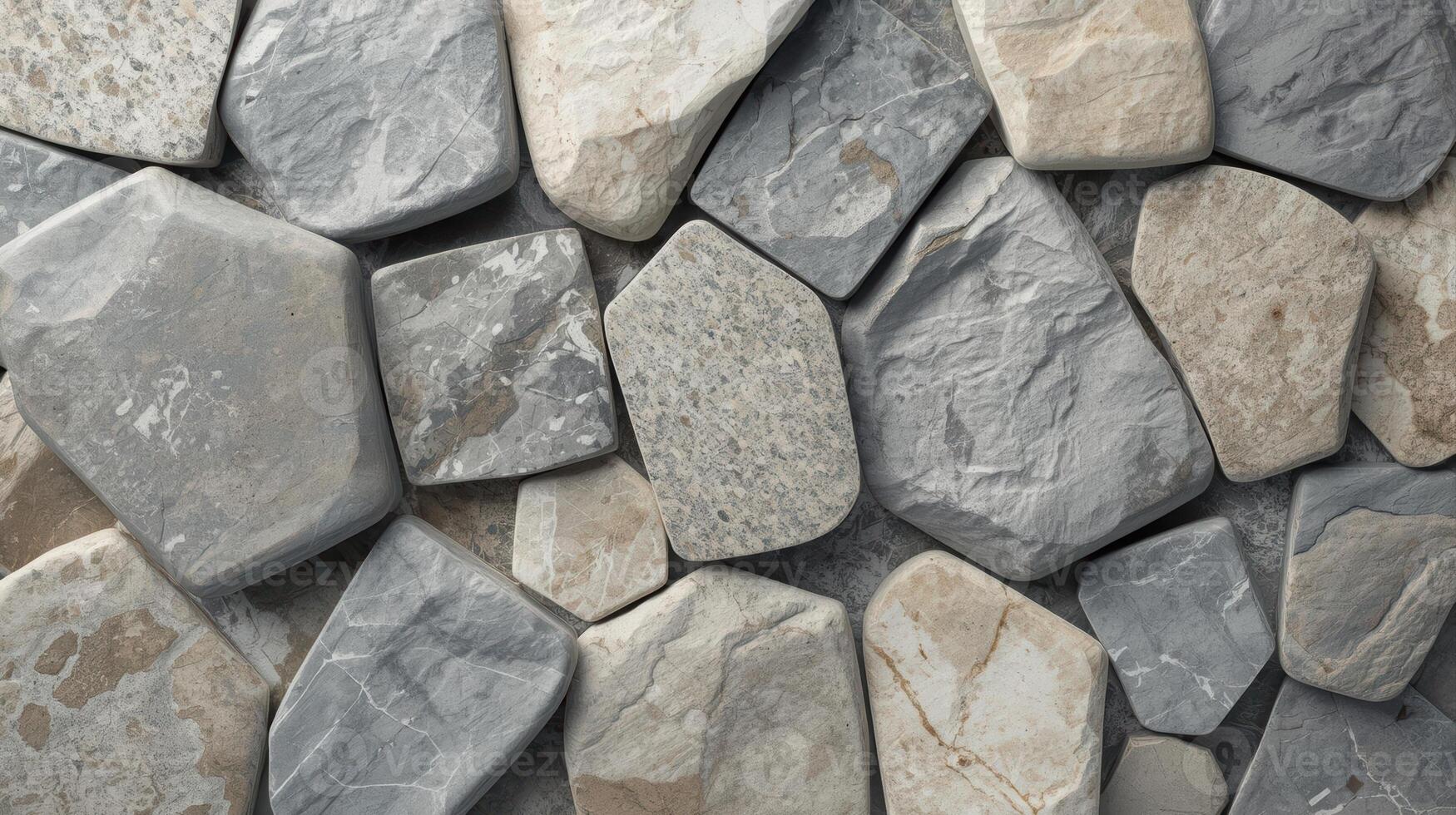 Overhead view showcases a variety of randomly arranged light and dark colored stones creating an earthy textured surface for backgrounds. photo