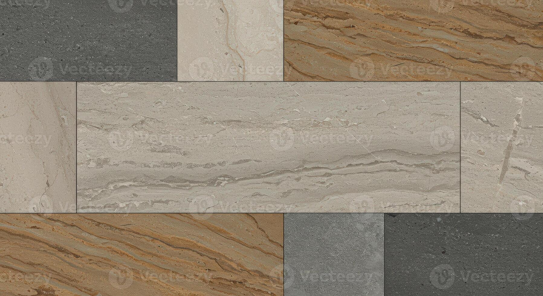 An arrangement of diverse stone tiles showcasing various textures and patterns, creating a naturally elegant, earthy visual texture overall. photo