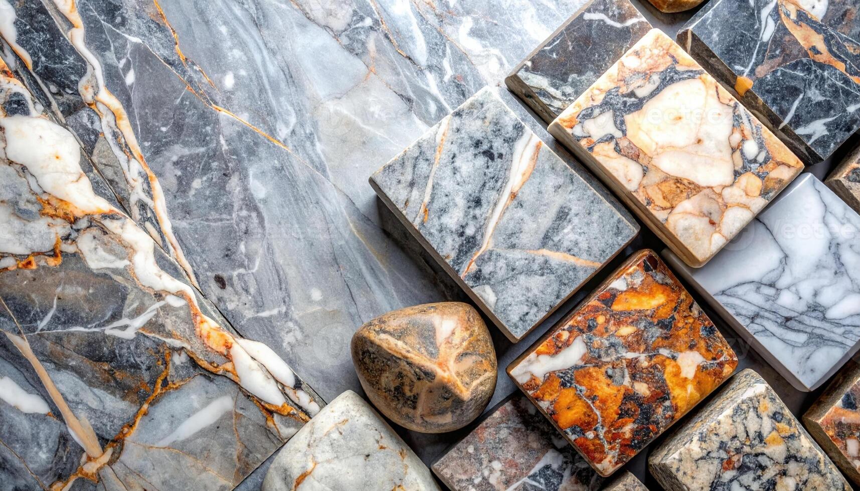 A variety of natural stone tiles and river rocks showcase unique textures and patterns for design inspiration on a flat surface backdrop. photo