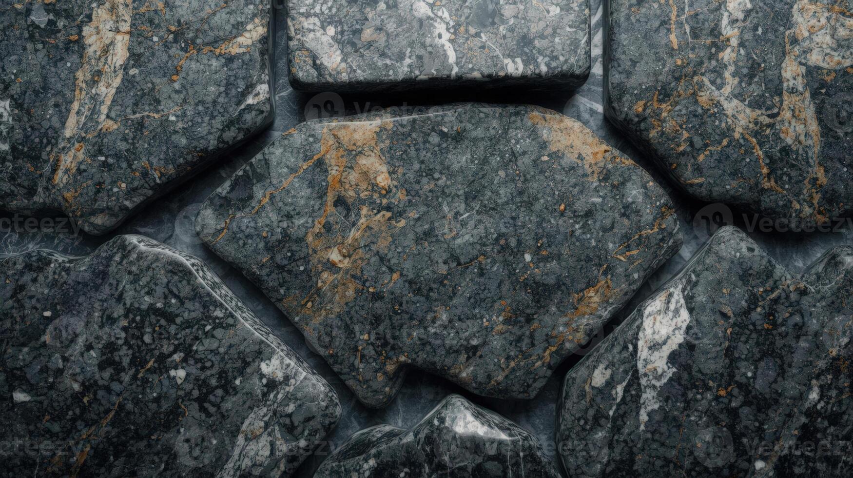 Close up shot of a textured wall built with dark grey stones showing natural pattern and golden accents creating a rustic and rough surface. photo