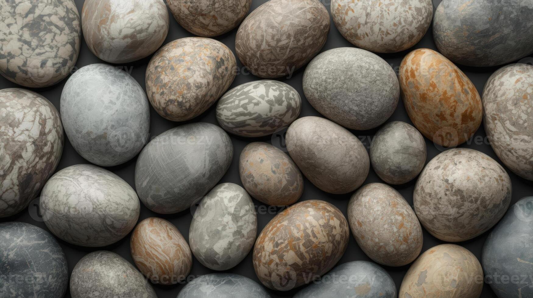 An assortment of smooth, rounded pebbles in various shades of gray, brown, and tan are arranged closely together creating a textured background. photo