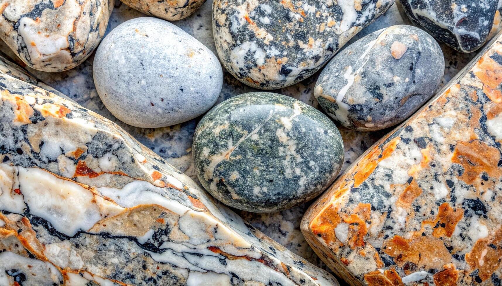 Multicolored assortment of smooth, naturally polished river stones, showcasing various shapes, textures, and patterns in a calming zen garden photo