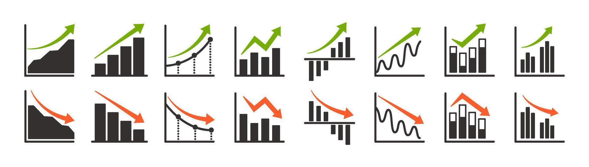 Up and down graph icons. Arrow charts, growth diagram and decline graph, business data analysis and financial trend. Market statistic information set. Increase and decrease graph symbols vector