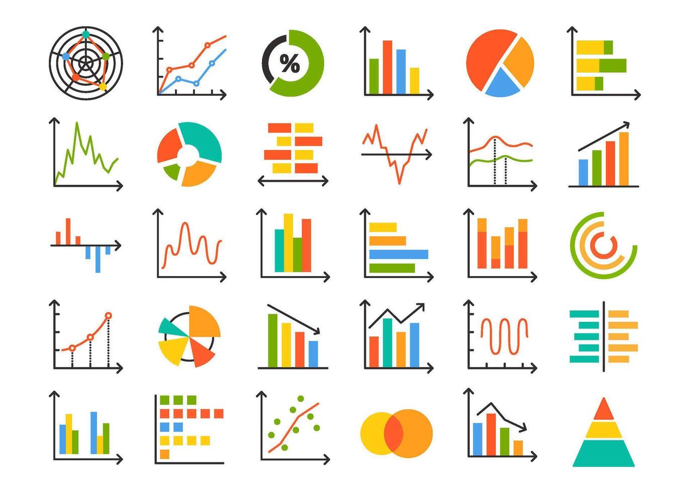 grafico y gráfico iconos diagrama y infografía elementos, negocio datos visualización con tarta gráficos, bar gráficos, línea diagramas y estadística informes. información análisis conjunto vector
