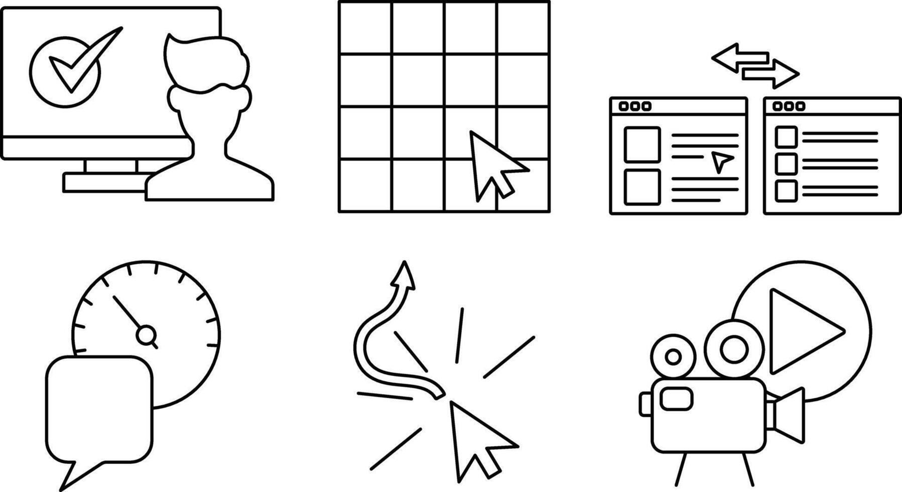 User Feedback and UX Survey Line Icons featuring Usability Test, Heatmap Feedback, A B Test, Net Promoter Score, Click Through Rate, and Session Recording in Editable Stroke Style vector