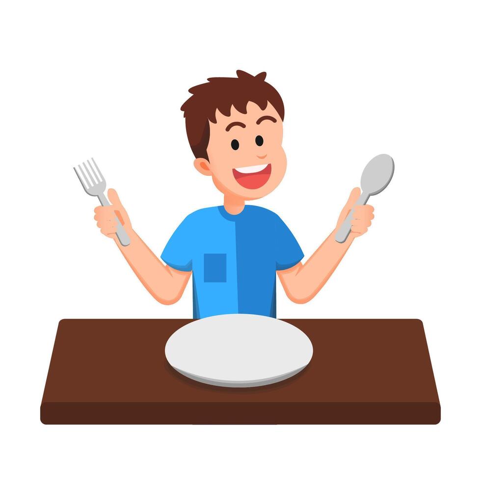 a cute boy holding a fork and spoon and an empty plate on the table vector