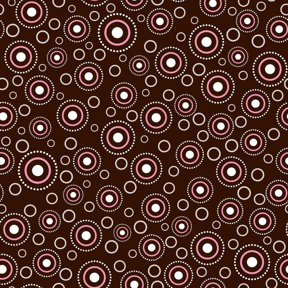 Seamless pattern with random round elements. White pink circular element on dark brown background. Cute cozy design for textiles, wallpapers, etc. Ethnic simple geometric illustration vector
