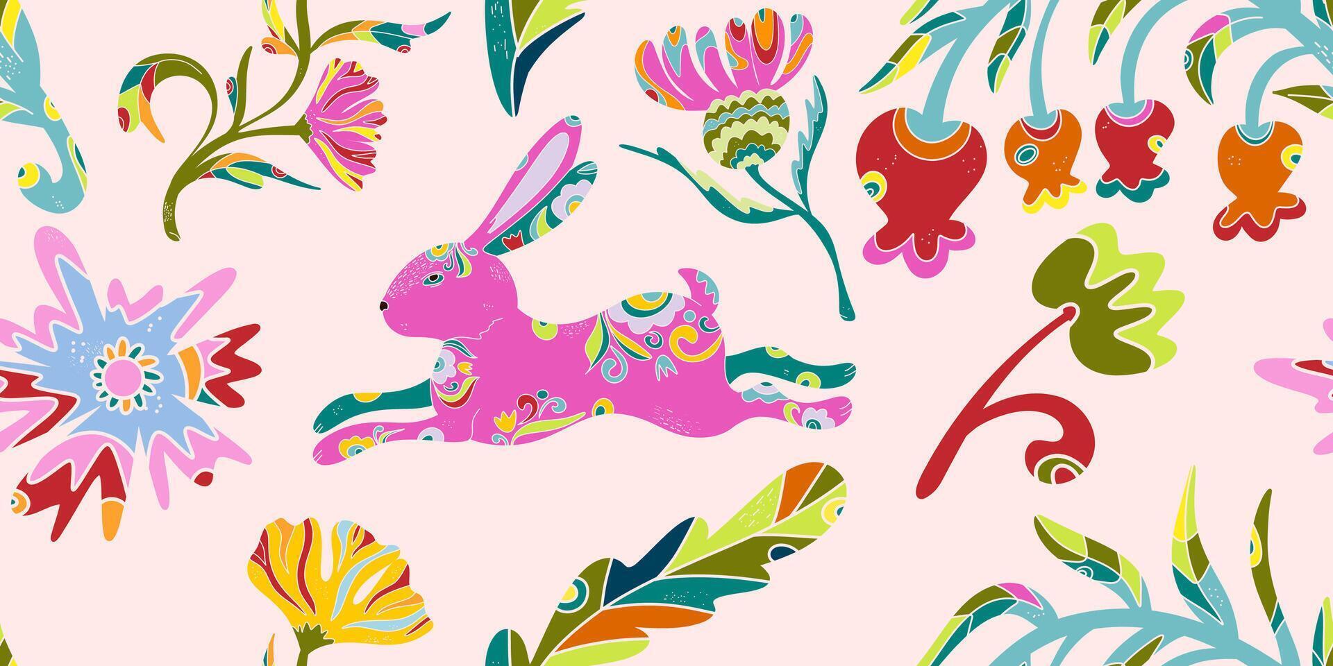 a colorful pattern with a rabbit and flowers vector
