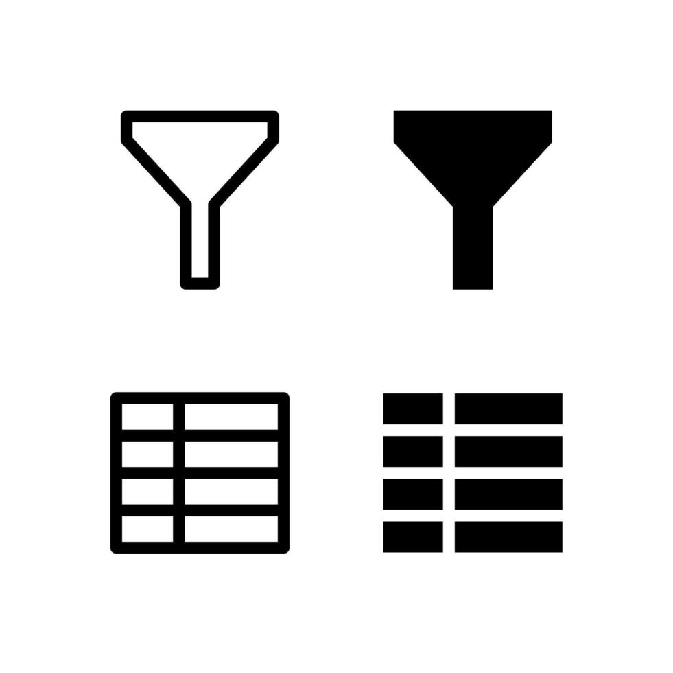 Filter and Table Line and Solid Icons for Control and Tools vector