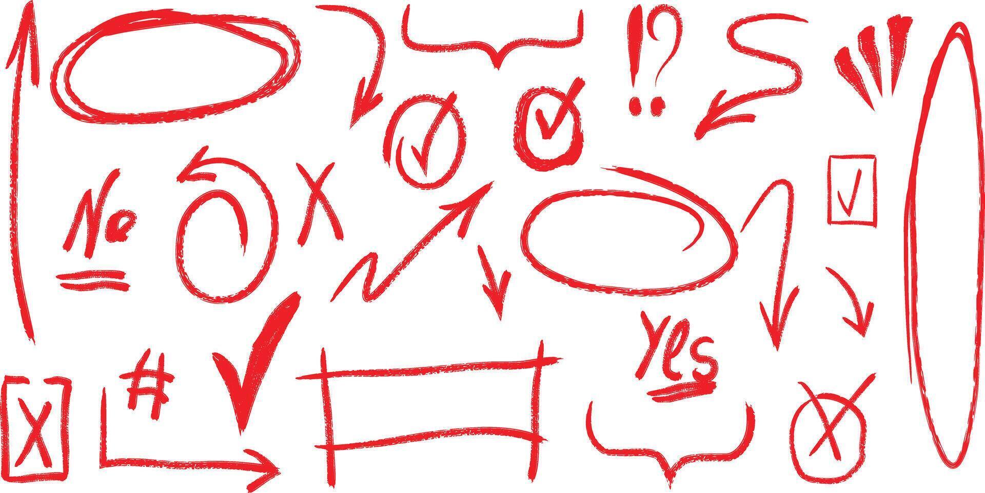Hand drawn red scribble symbols arrows checkmarks circles rectangles and text elements for design vector