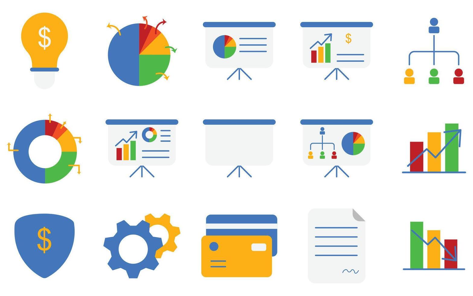 Collection of Flat Design Business Icons with Presentation and Money Elements. Modern Flat Icons for Business Strategy Marketing and Finance Concepts vector
