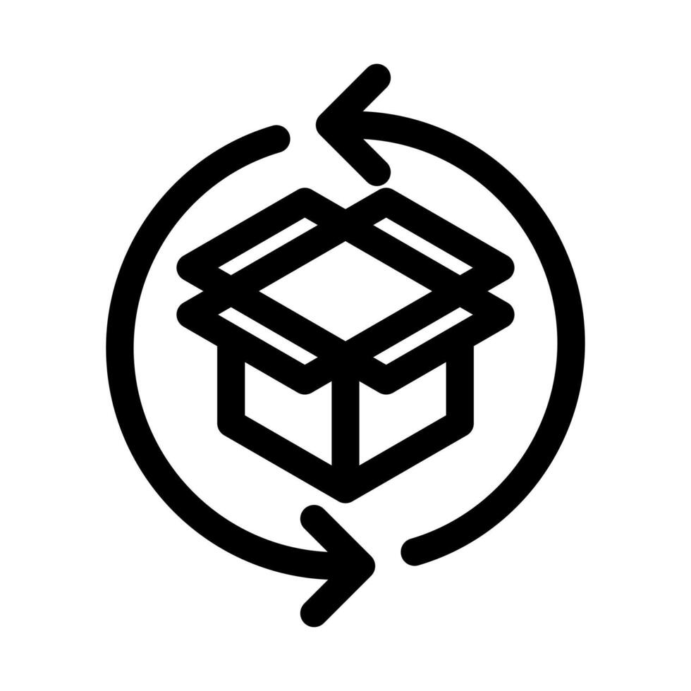An outline icon of an open box with the recycling arrow, representing a used box. vector