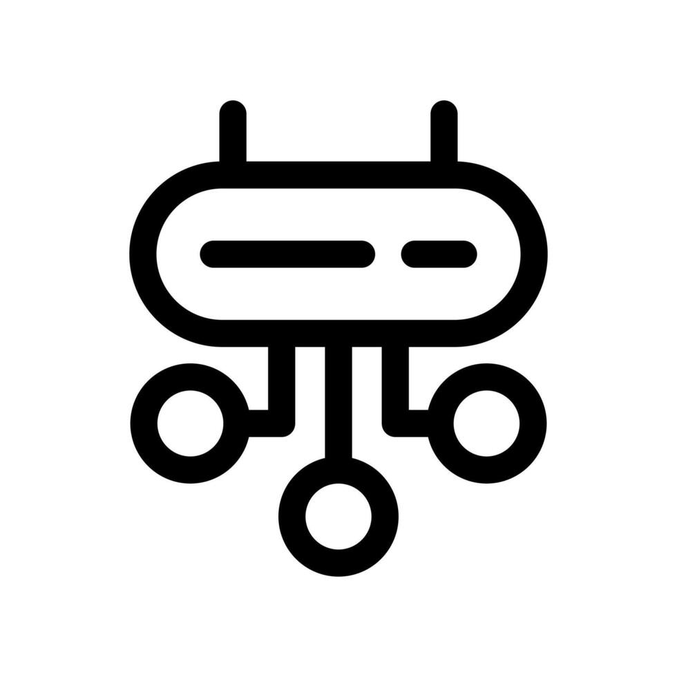 An outline icon of a server connected to a network, representing server network infrastructure. vector