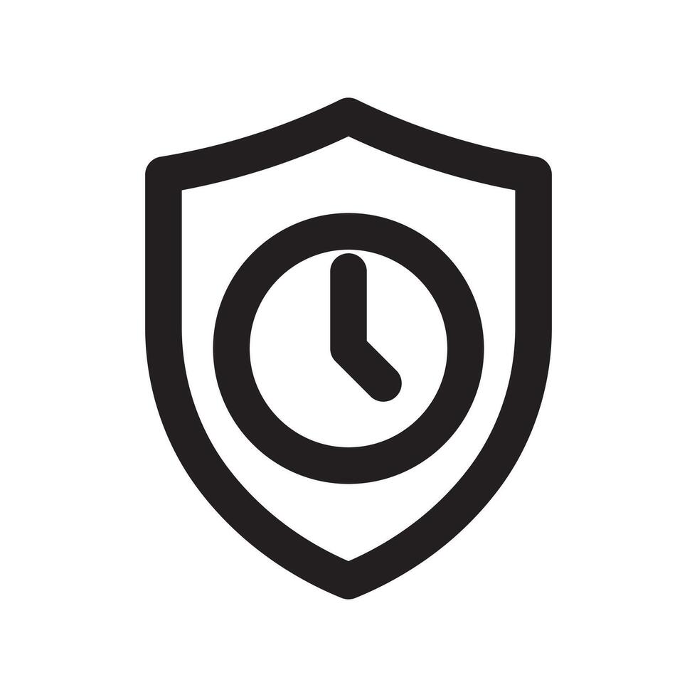 A line style icon of a shield with a clock symbolizing real time security or limited access period. vector