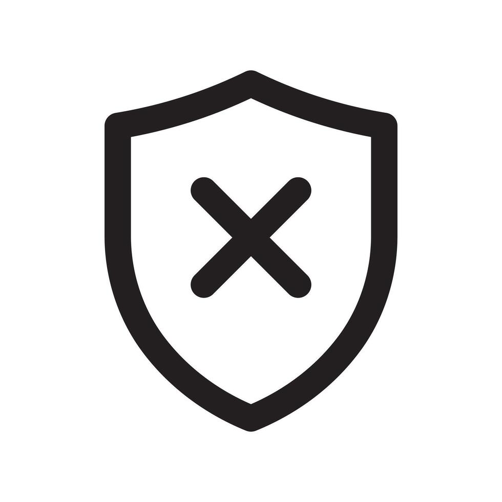 A line style icon of a shield with a cross symbolizing failed security or block action. vector