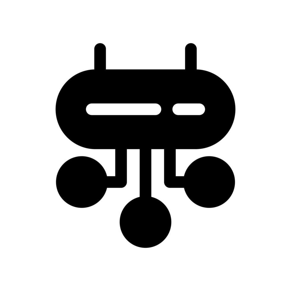 A solid icon of a server connected to a network, representing server network infrastructure. vector