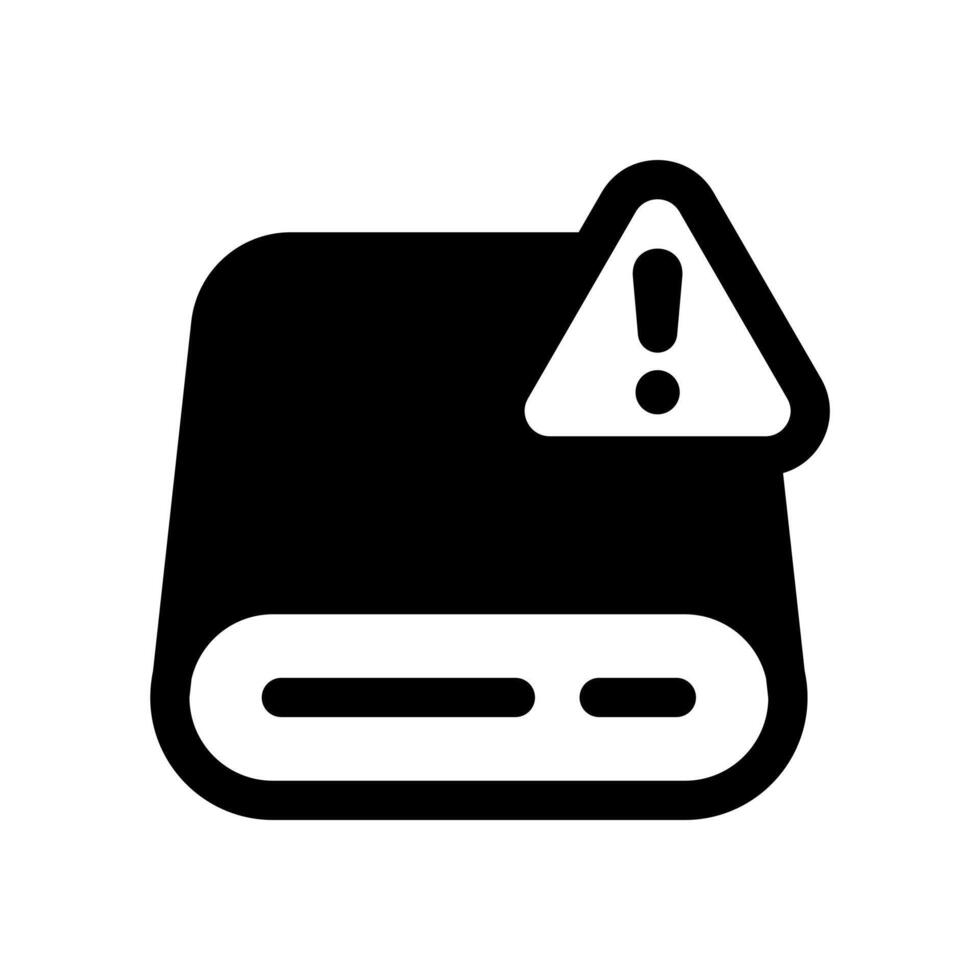A simple filled icon of a server with an exclamation mark, indicating a server alert or warning. vector