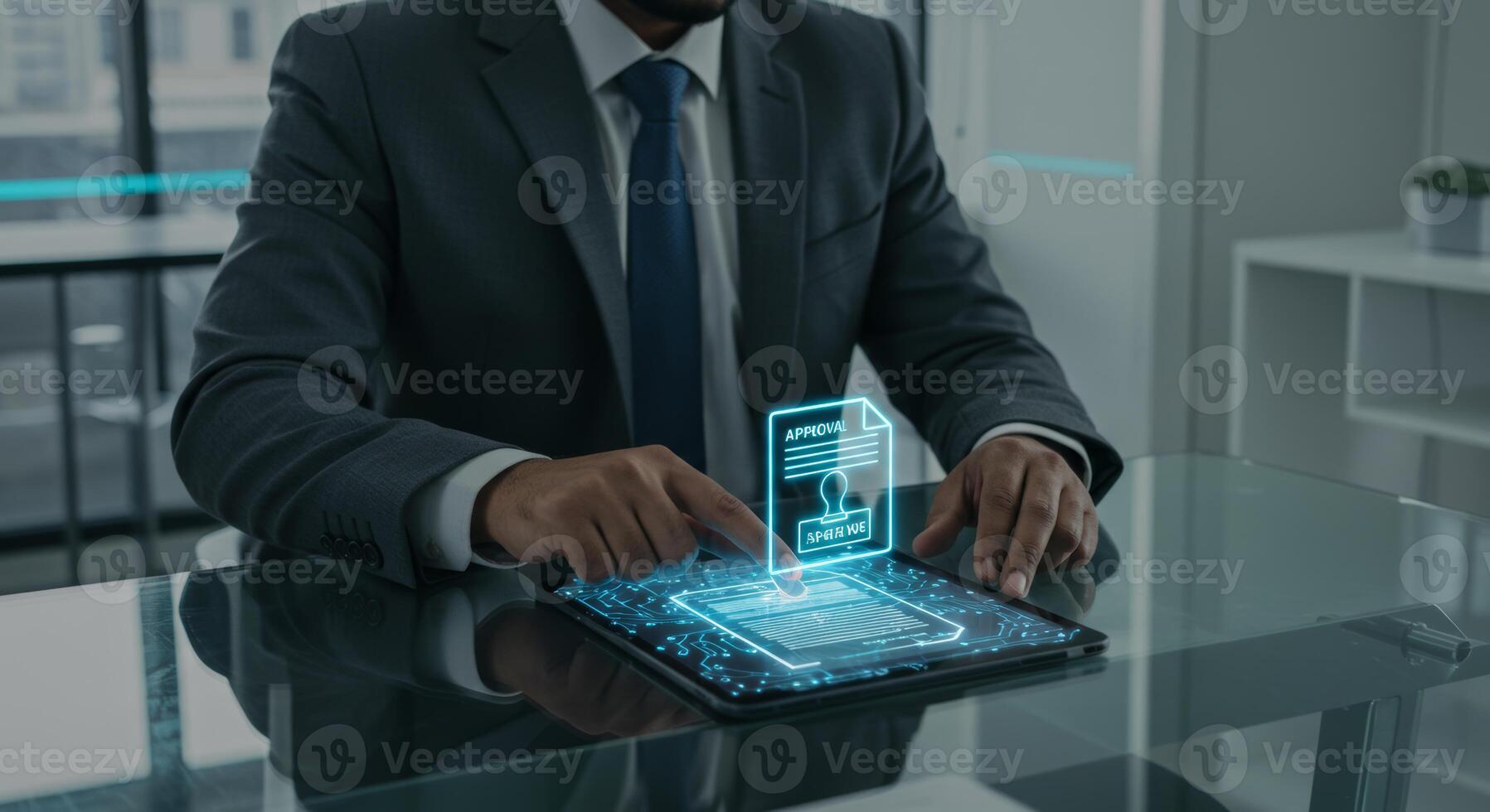 Digital transformation Man interacts with digital approval document on tablet photo