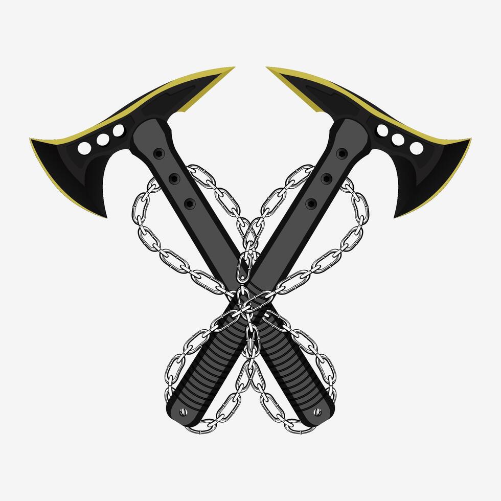 Two axes crossed with chains on a white background vector