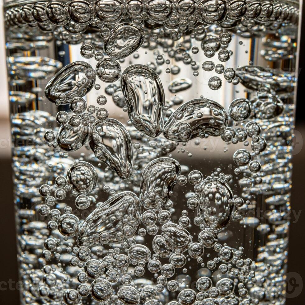 Close up abstract view of numerous small and large bubbles rising through clear liquid creating a textured pattern photo