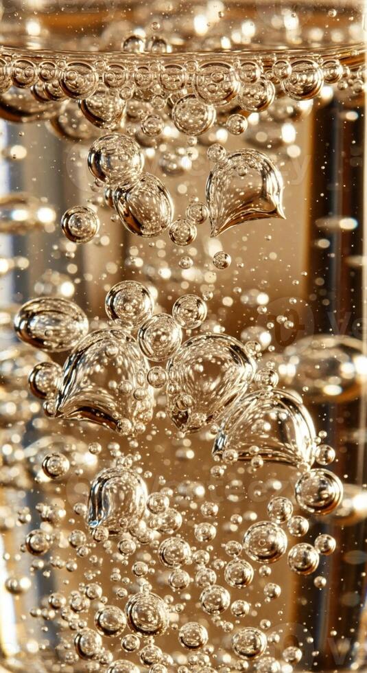 Close up view of effervescent bubbles rising through a golden liquid creating a mesmerizing abstract pattern of light and motion photo