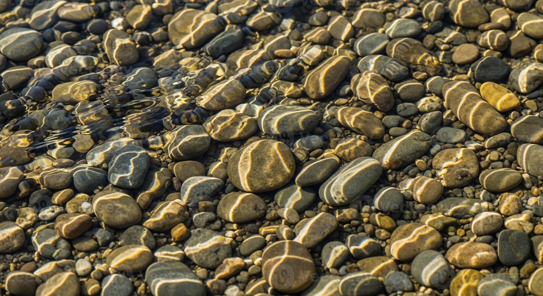 Close up view of a textured collection of smooth rounded river stones and pebbles in various earthy tones and patterns photo