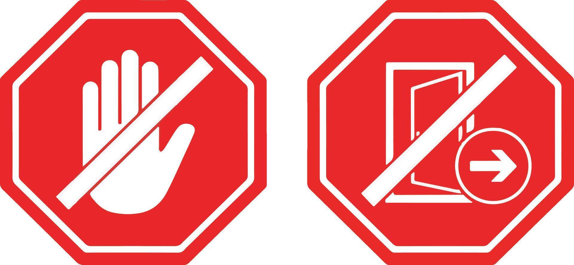 set of red octagonal prohibition signs indicating do not enter and no exit warnings, featuring universal hand and door symbols for restricted areas vector