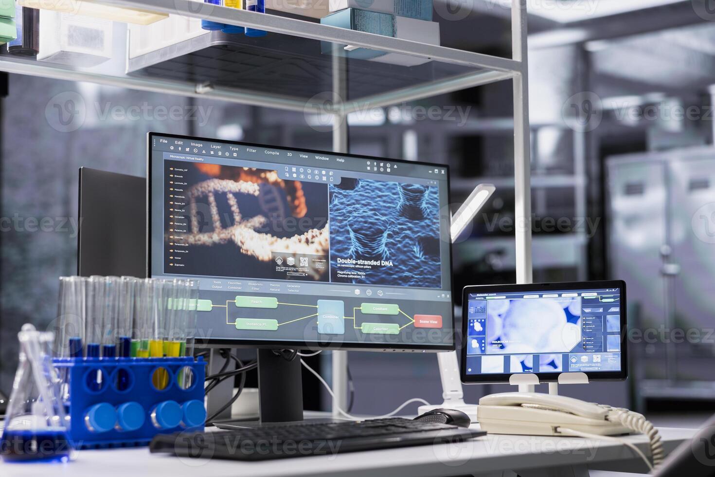 PC in lab with software interface showing genetic markers associated with disease risk. Computer in laboratory used to study DNA strand mapping with genomics analysis program photo