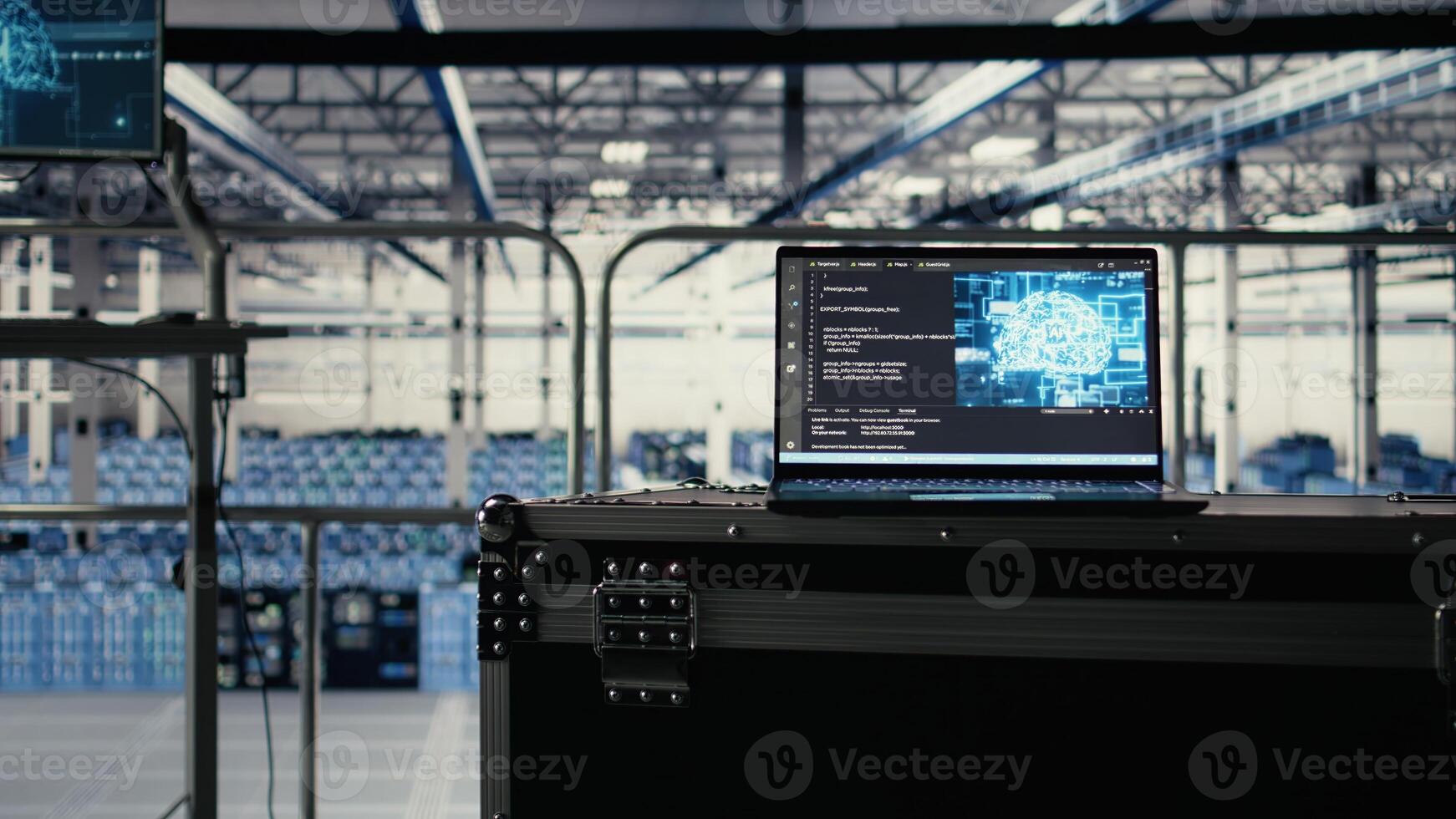 Close up of deep learning coding script running on laptop in server hub doing backups, handling queries. AI tech on notebook in data center enabling enterprise solutions systems, zoom in photo