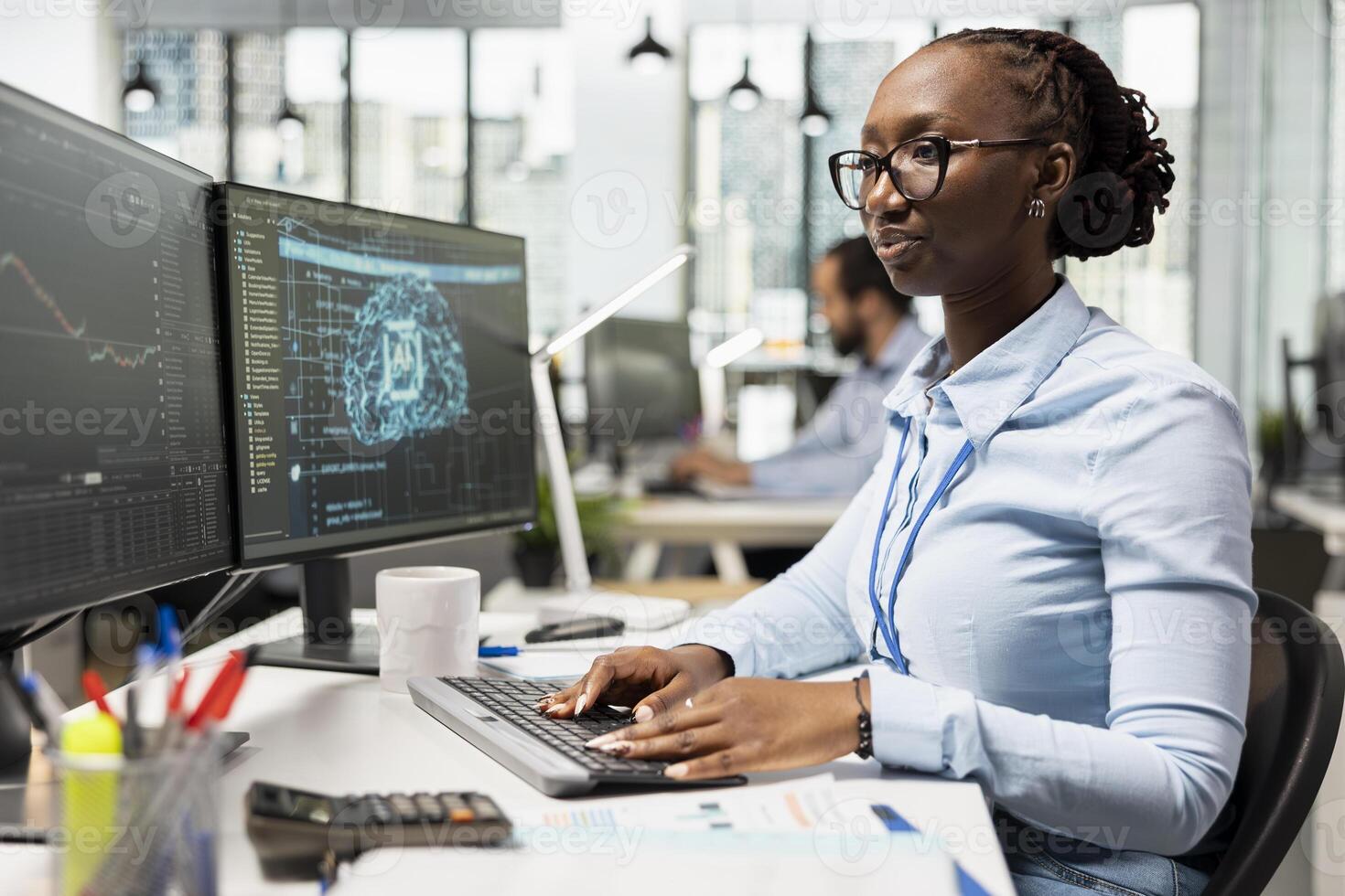 Trader in prop firm office using AI machine learning to analyze market data and execute trades using trading app on PC. Woman monitoring stock exchange using artificial intelligence tech photo
