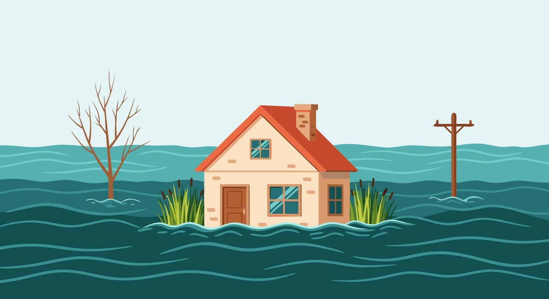 Conceptual illustration of a residential house submerged in deep floodwaters, representing the devastating consequences of climate change, extreme weather, and natural disasters vector