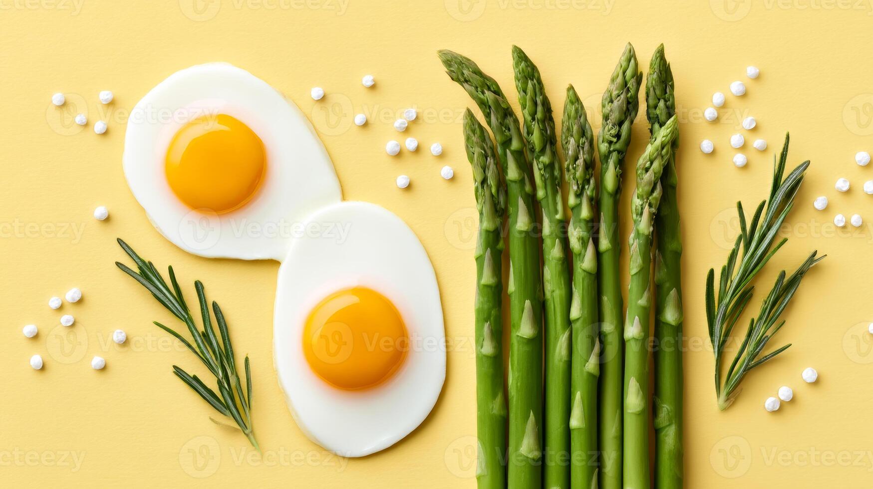 Eggs and asparagus platter. Sliced eggs and fresh asparagus are artistically arranged on a yellow background, creating a vibrant culinary display. photo
