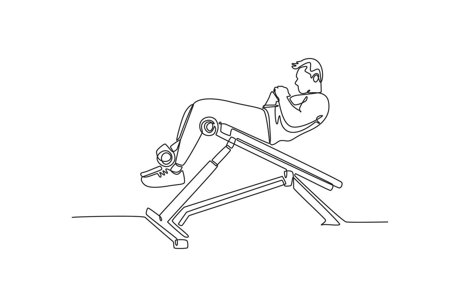 Continuous one line drawing young active man is performing sit-up or crunch on abdominal decline bench, focused core strength and intense training. Single line draw design graphic illustration vector
