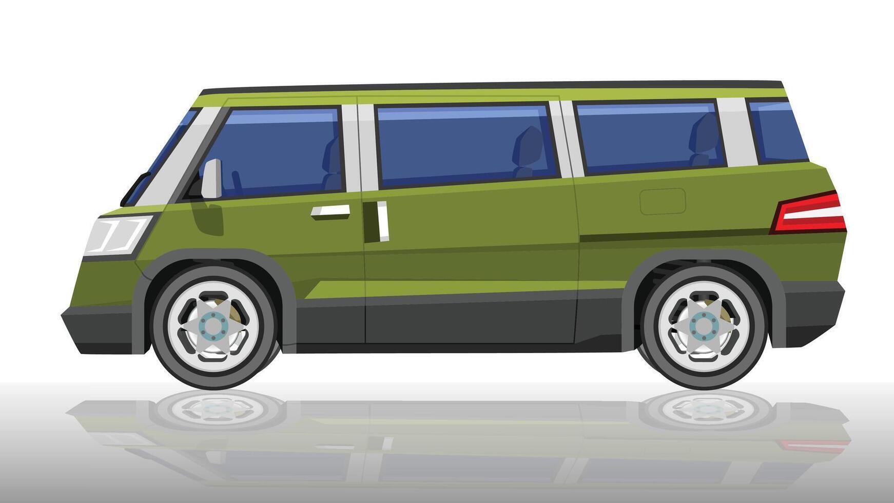 Object of side view luxury van green color. Cars with sharp and angular shapes and designs. With shadow on isolated white background. vector