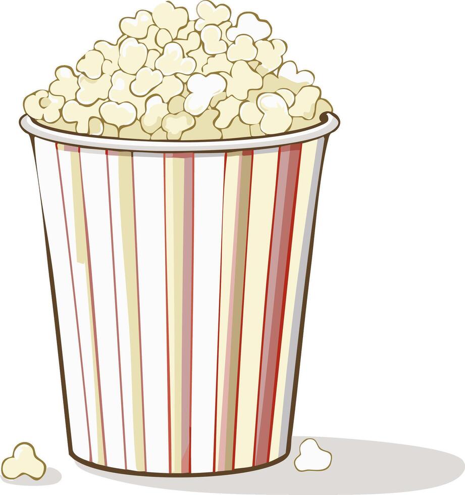 Full Popcorn Bucket in Striped Container with Scattered Kernels vector
