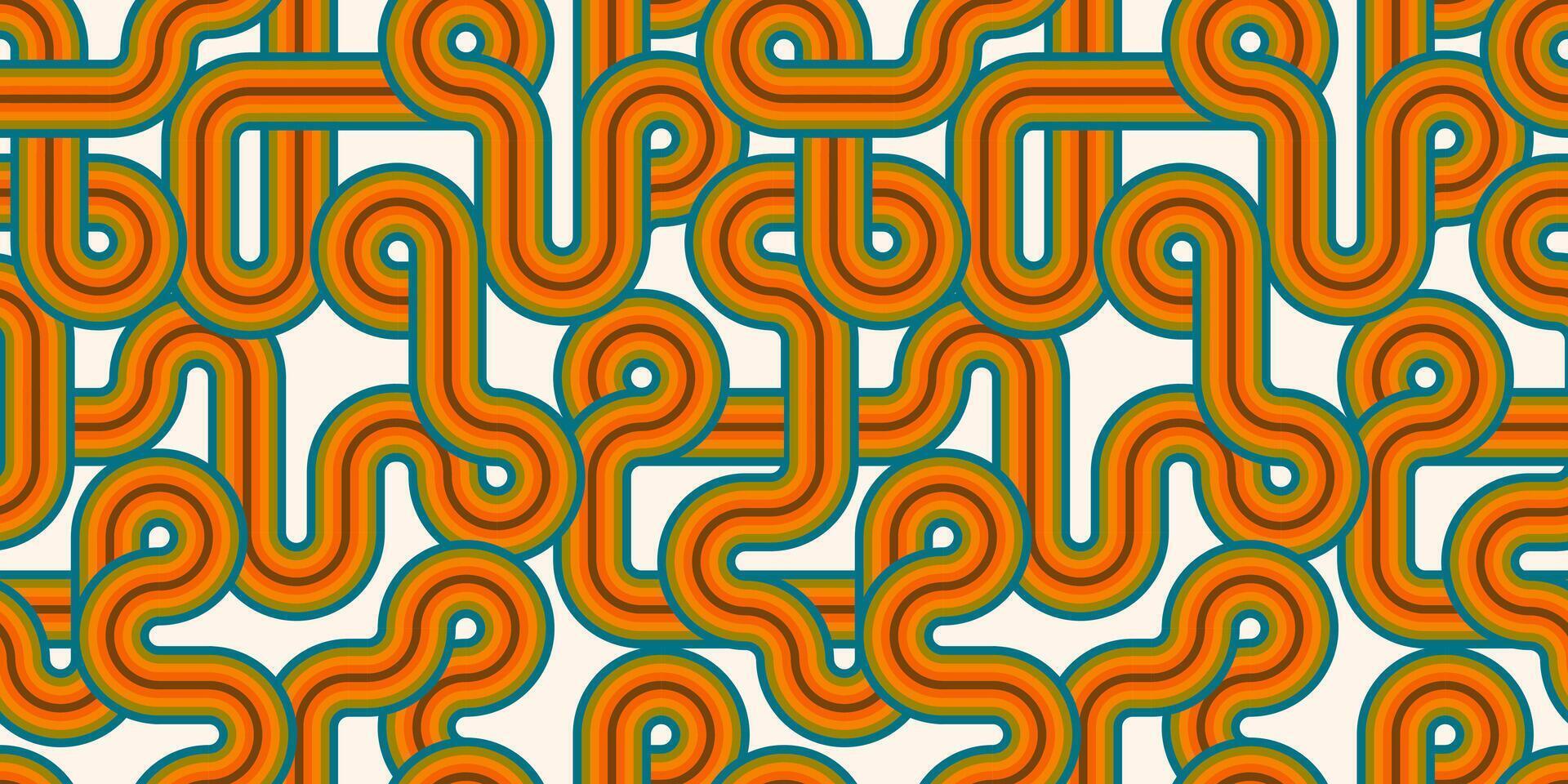 Seamless retro pattern with bold orange, brown, and teal curves in a groovy 70s psychedelic style. Vintage geometric waves create a funky optical background for fabric, wrapping, and interior design. vector