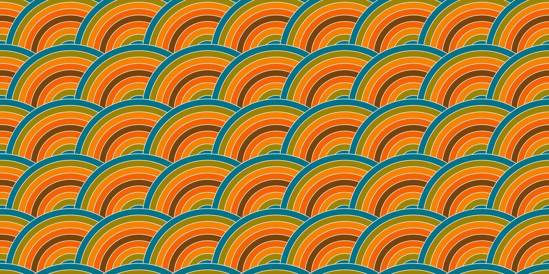Seamless retro pattern with curved geometric shapes in warm orange, yellow, and teal tones. Vintage psychedelic background for fabric, wrapping paper, wallpaper, textile, and surface design projects. vector